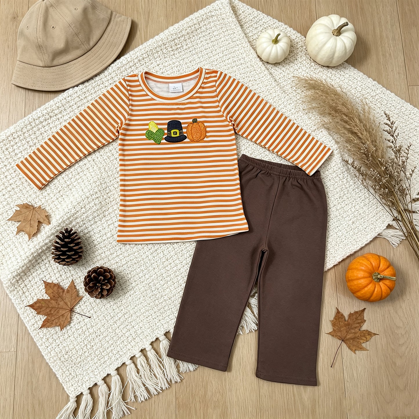 NEW RTS NO MOQ milk silk BLP1442 Embroidery Baby Boys Orange Stripe Pumpkin Embroidery Top And Pants Holiday Clothes Set