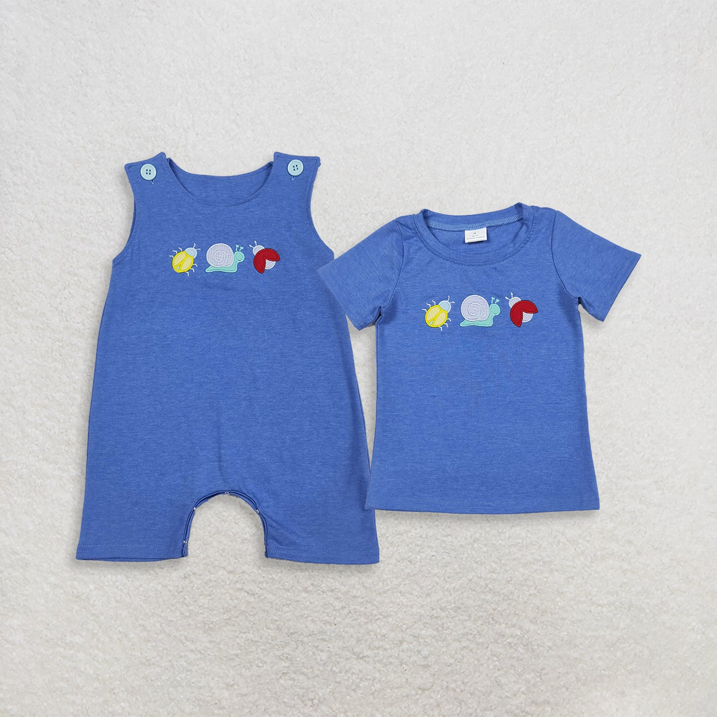 RTS NO MOQ Sibling Baby Boys Summer Embroidery Ladybirds Snails Short Sleeve Top Sleeveless Rompers