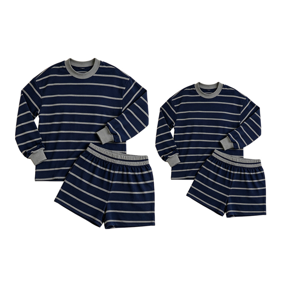 (Preorder new) No moq Yoga Kids And Adult Grey Navy Striped Shirt Top And Short Yoga Active Set
