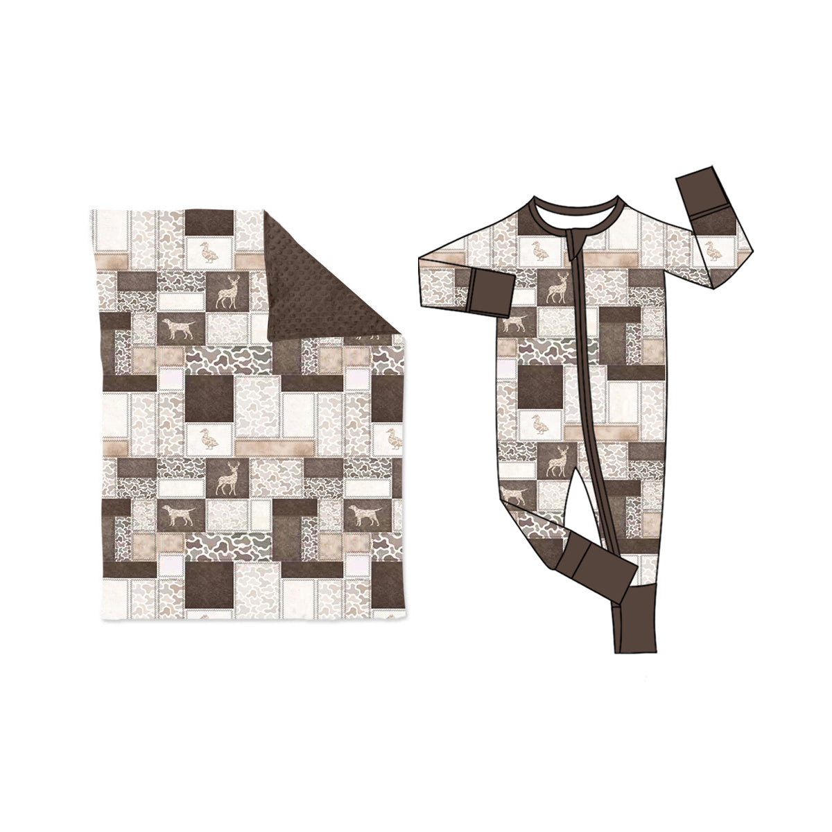 (Preorder new) No moq Baby Boys Camouflage Hunting Animal Two Way Zipper Convertible Rompers Camo Checked Blankets