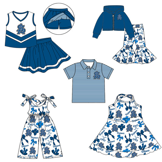 Custom moq 5 mix size milk silk summer teams baby girls clothes bow blue hooded long sleeve pants sets and skirts sets and dress and jumpsuit and top-25.7.29