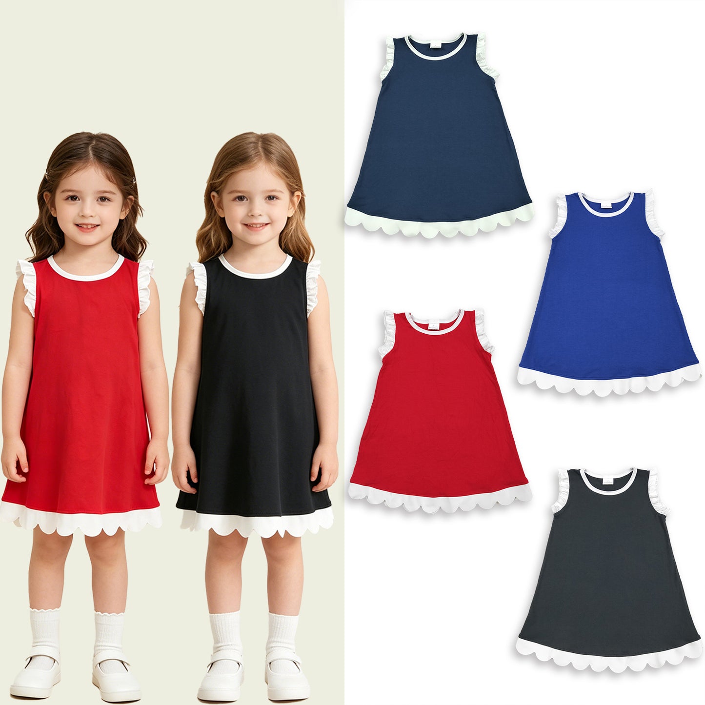RTS NO MOQ Sibling cotton Baby Girls Solid Color Sleeveless Scallop Knee Length Dress