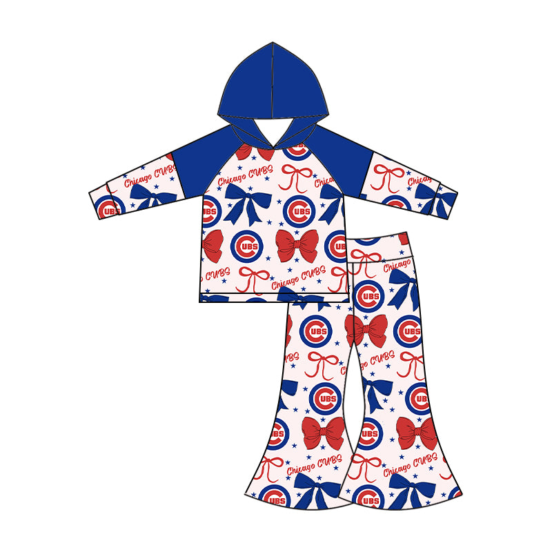 Custom moq 5 mix size milk silk summer teams baby girls clothes team bow blue long sleeve hooded pants sets and dress 1 and dress 2 and romper-25.6.16
