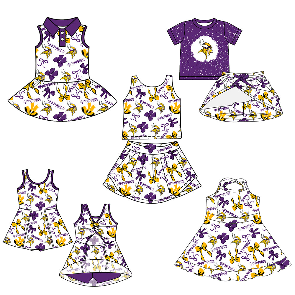 Custom moq 5 mix sizes summer teams baby girls clothes team purple short sleeve skirts shorts sets 1 and skirts sets 2 and and skirts sets 2 and dress 1 and dress 2 and dress 3 and dress 4-25.6.9