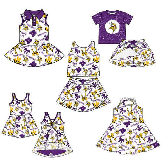 Custom moq 5 mix sizes summer teams baby girls clothes team purple short sleeve skirts shorts sets 1 and skirts sets 2 and and skirts sets 2 and dress 1 and dress 2 and dress 3 and dress 4-25.6.9