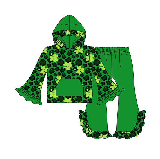10.17 custom each style moq 5eta 4-6week baby girls clothes Four Leaf Clover green hooded long sleeve pants sets