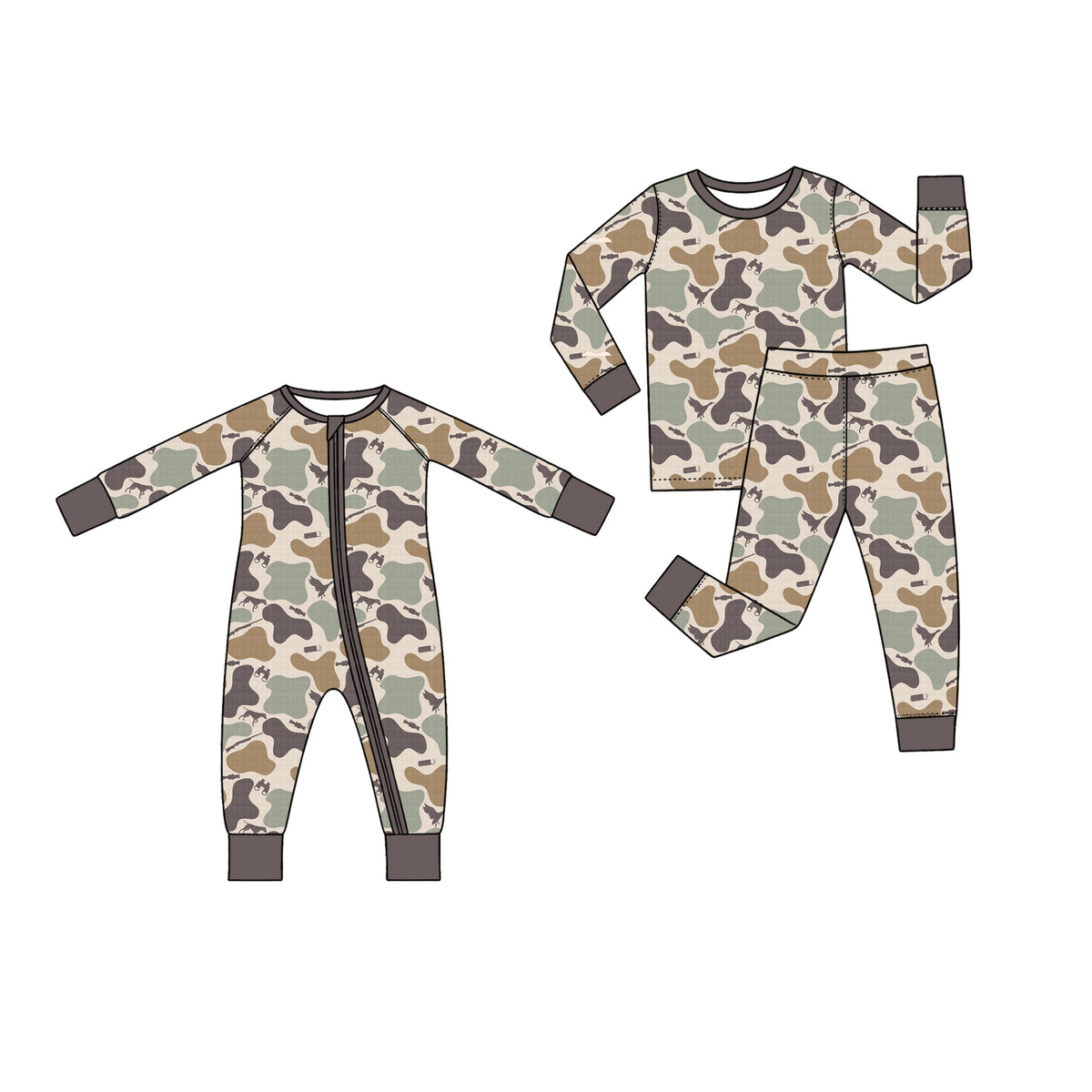 (Preorder new) No moq Baby Boys Duck Camo Zipper Romper And Long Sleeve Top Pant Pajama Set