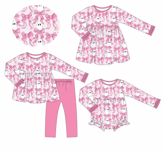 25.6.7 custom each style moq 5eta 4-6week Sibling Sisters ghost bow baby girl long sleeve pants sets and dress and rompers match family design