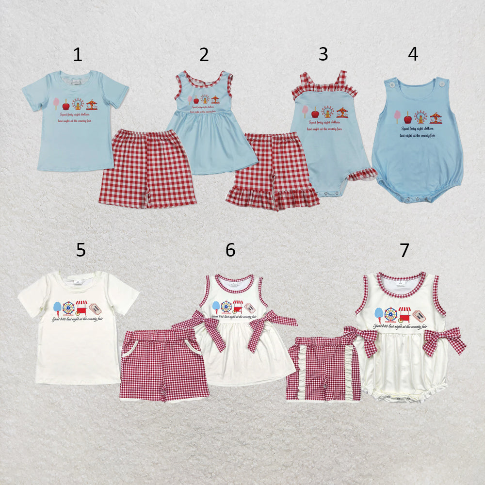 RTS NO MOQ Sibling milk silk Baby Girls Boys Summer Tops Red Plaid Short Clothes Set Rompers