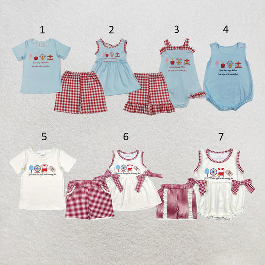 RTS NO MOQ Sibling milk silk Baby Girls Boys Summer Tops Red Plaid Short Clothes Set Rompers