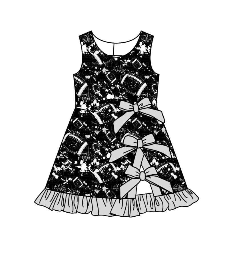 Custom moq 5 mix size milk silk summer teams Baby Girls Sleeveless Football Print Bow Ruffle Yoga Knee Length Dresses