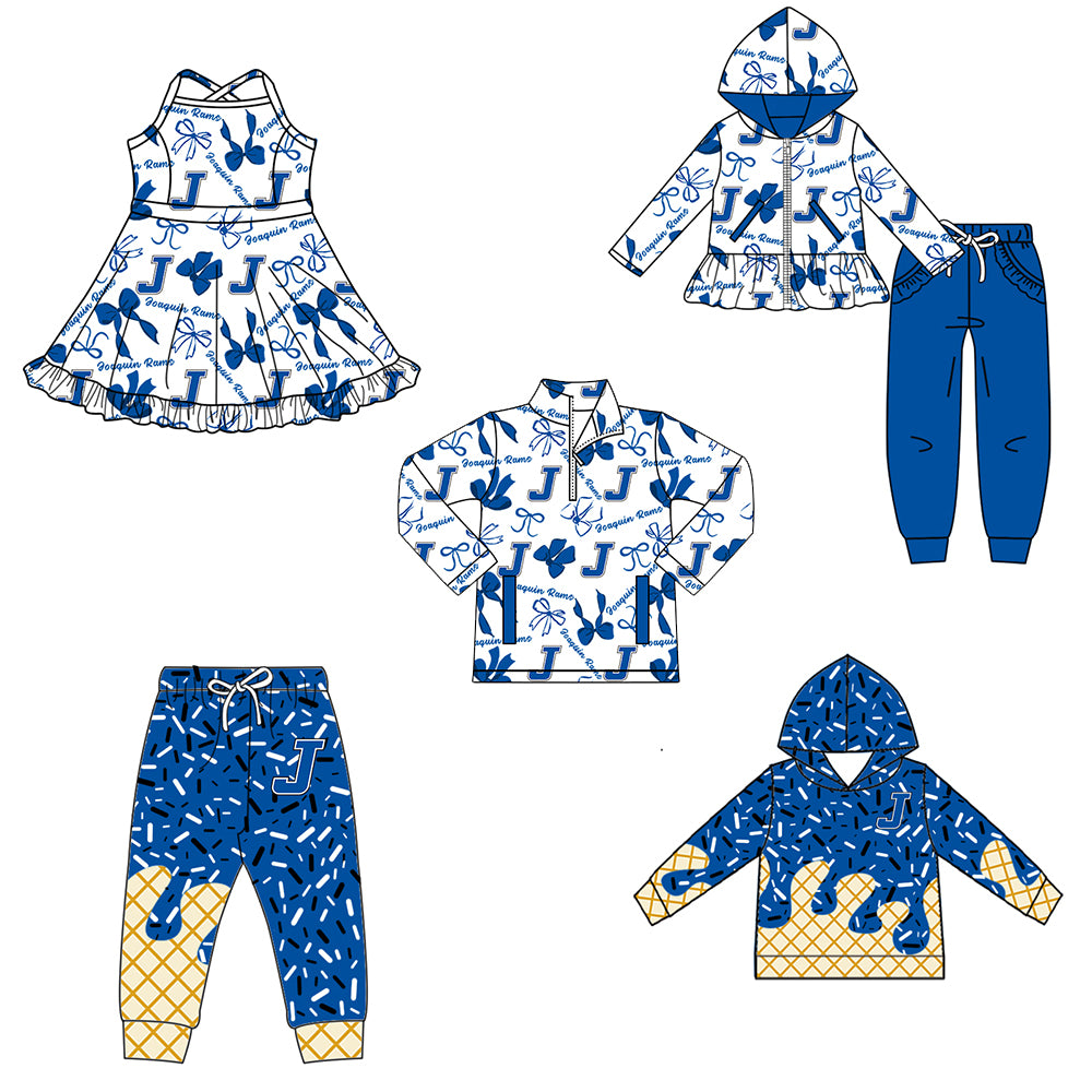 Custom moq 5 mix size milk silk summer teams baby girls clothes bow blue hooded long sleeve pants sets and dress and top and hooded top and pant-25.8.12