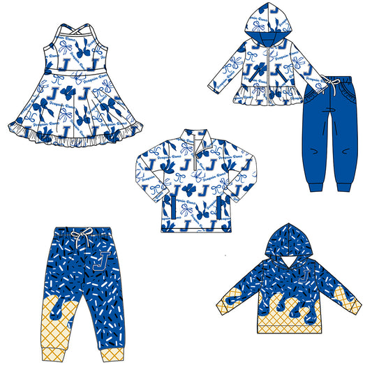 Custom moq 5 mix size milk silk summer teams baby girls clothes bow blue hooded long sleeve pants sets and dress and top and hooded top and pant-25.8.12