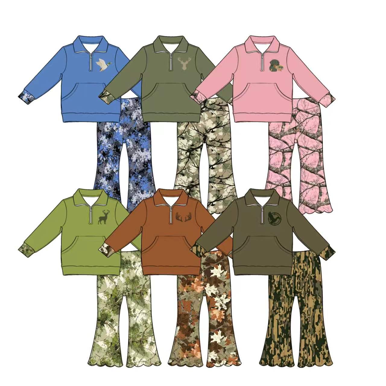 (Pre Order) No moq Baby Girls Green Deer Pocket Pullover Scallop Hem Flare Pants Set