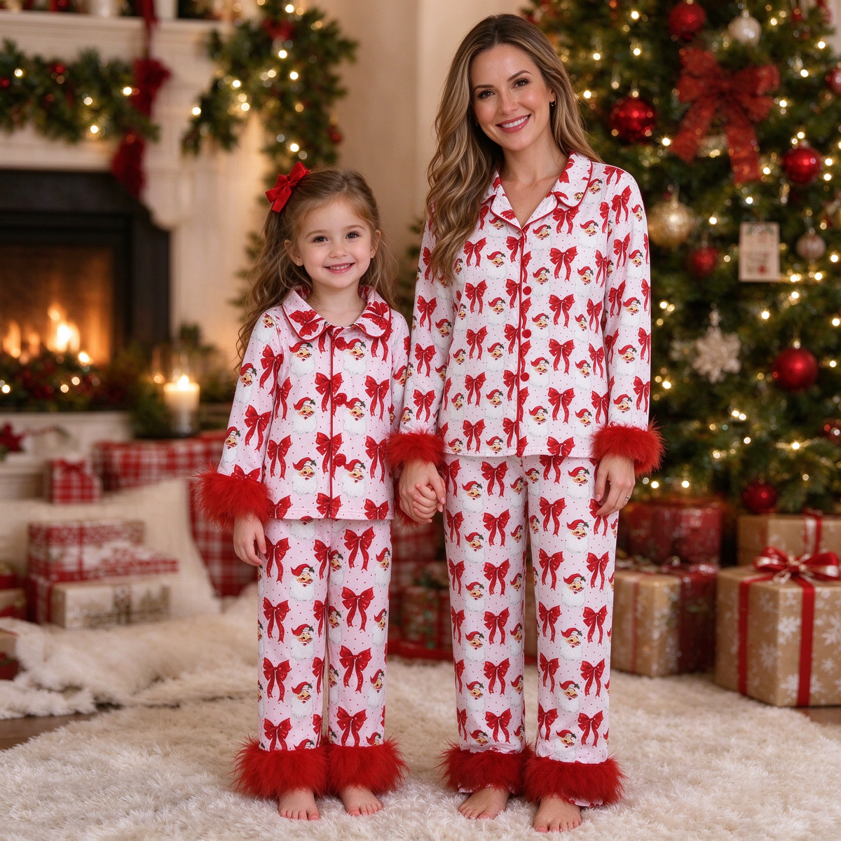 Mama and Me Santa Pajama Set - Cardigan with Red Fur Trim