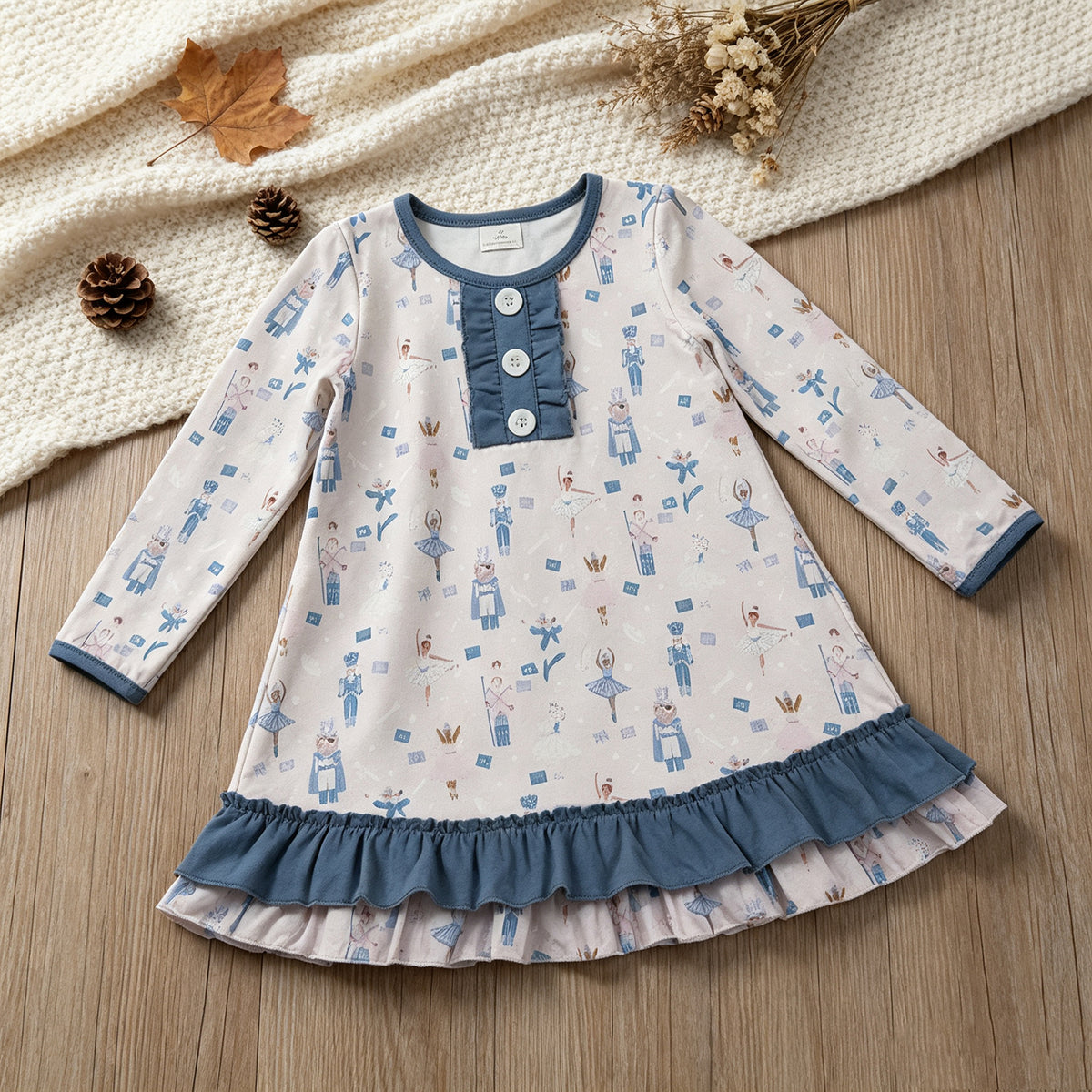 NEW RTS NO MOQ milk silk GLD0874 Cute Clothes Baby Girls Christmas Blue Print Long Sleeve Knee Length Dress