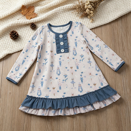 NEW RTS NO MOQ milk silk GLD0874 Cute Clothes Baby Girls Christmas Blue Print Long Sleeve Knee Length Dress