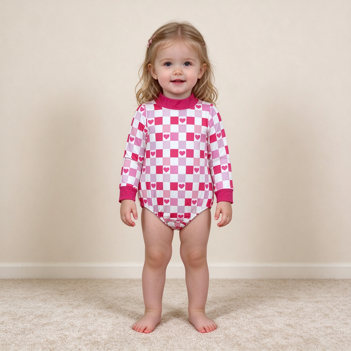 NEW RTS NO MOQ milk silk LR3337 High Neck Baby Girls Cute Pink Checked Hearts Casual Long Sleeve Valentines Romper