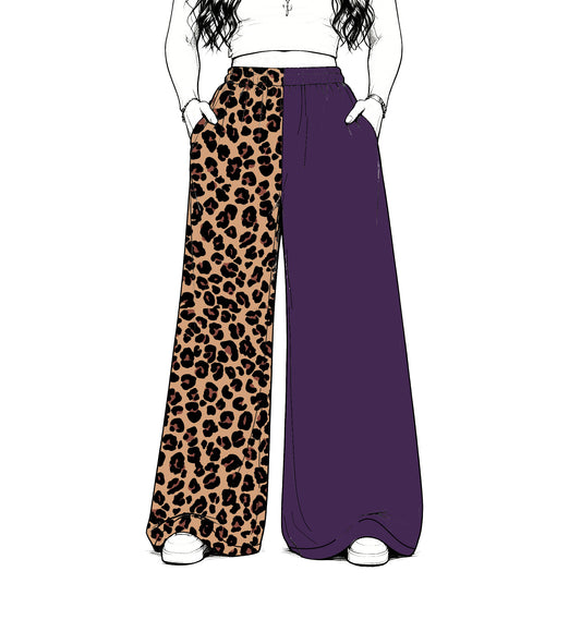 custom moq 5 mix size Baby Kids Purple Leopard Patchwork Print Team Flare Pants Casual Bottom