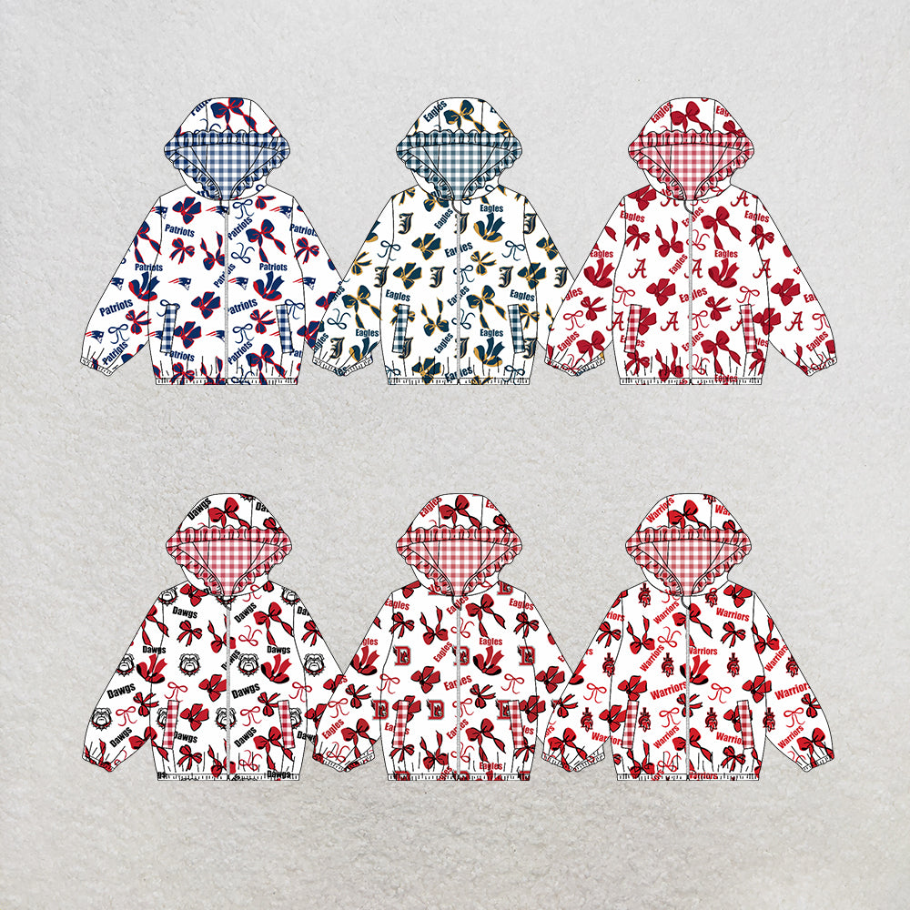 custom moq 5 mix size MSD072503 Baby Girls Bow Print White Long Sleeve Zip Hooded Team Casual Jacket Top