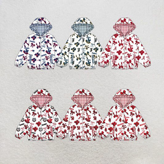 custom moq 5 mix size MSD072503 Baby Girls Bow Print White Long Sleeve Zip Hooded Team Casual Jacket Top
