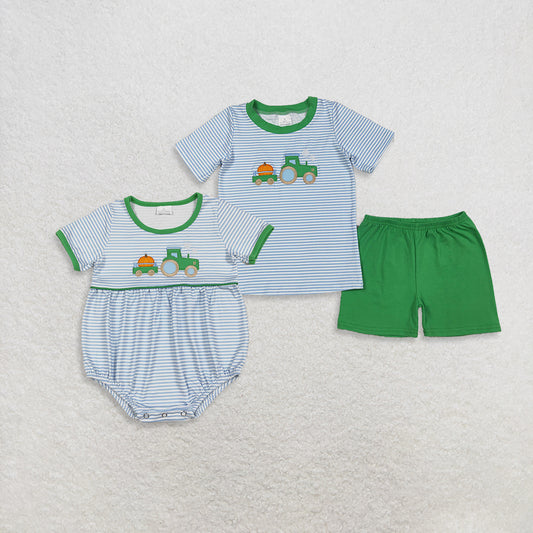 RTS NO MOQ Sibling Baby boy clothes embroidery halloween pumpkin short sleeve shorts suits & rompers