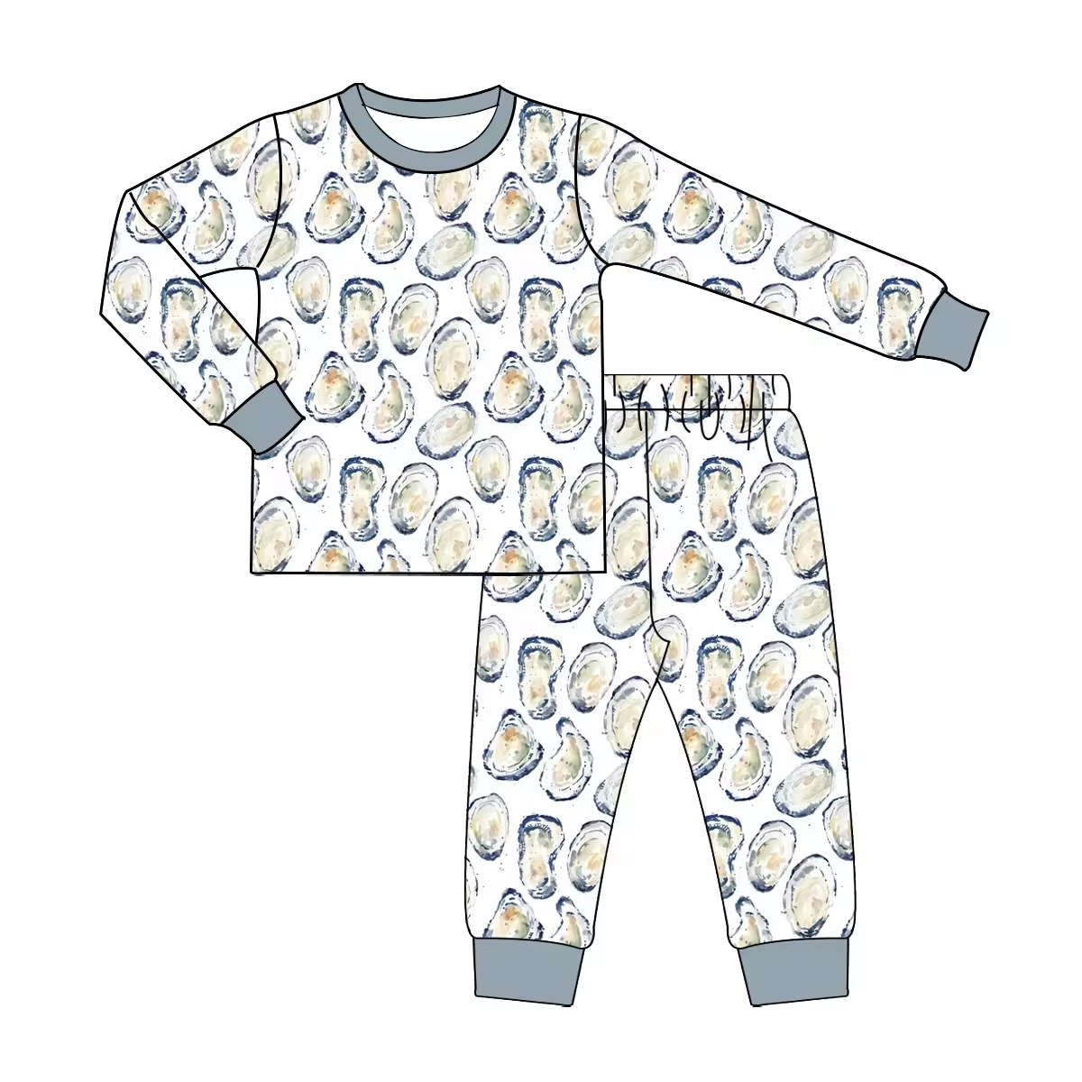 Custom moq 3 eta 6-8weeks  Scalloped Grey Blue Elastic Neck-Cuff Long Suit
