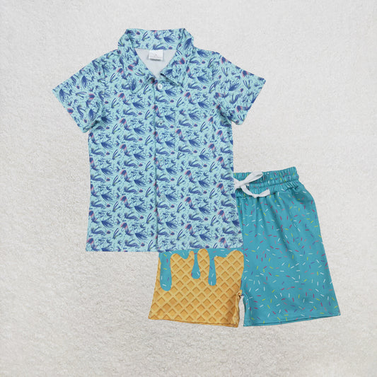RTS NO MOQ milk silk BT1296+SS0623 Baby Boys Short Sleeves Blue Flowers Button Shirts Top Set