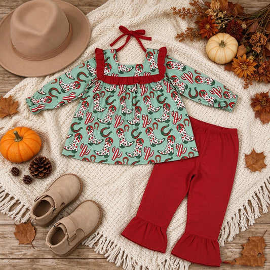 NEW RTS NO MOQ milk silk GLP2355 Baby Girls Cute Long Sleeves Green Boots Cactus Tunic Ruffle Pant Clothes Set
