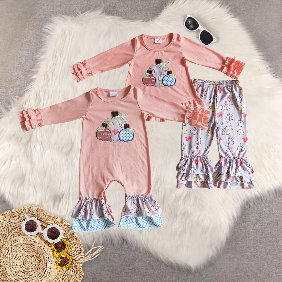 RTS NO MOQ Sibling baby girls clothes embroidery pumpkin long-sleeved trousers suit & romper