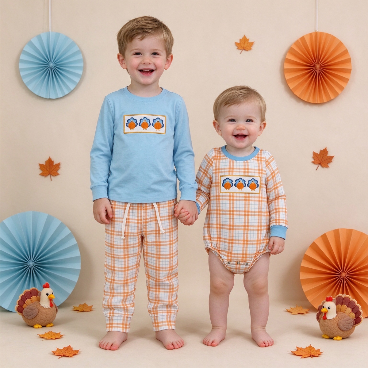 Sibling Kids Thanksgiving Three Turkeys Blue Top Plaid Pants & Plaid Baby Romper Collection
