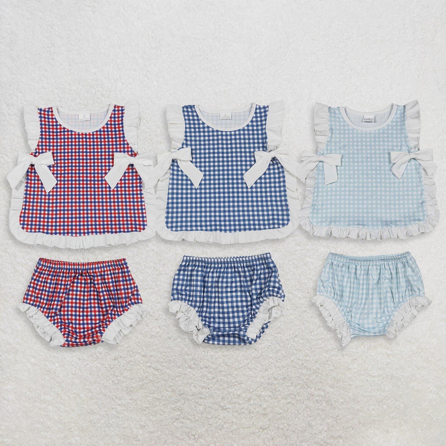 RTS NO MOQ Sibling milk silk Baby Girls Checked Bow Tunic Bummies Set Summer Wear