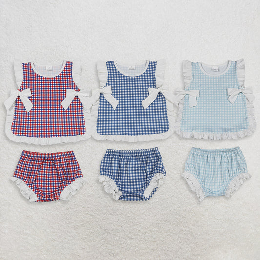 RTS NO MOQ Sibling milk silk Baby Girls Checked Bow Tunic Bummies Set Summer Wear