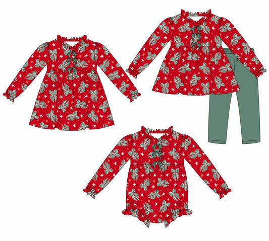 25.7.29 custom each style moq 5eta 4-6week Sibling Sisters bow baby girl long sleeve pants sets and dress and rompers match family design