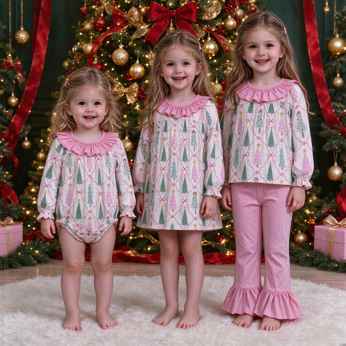 RTS NO MOQ Sibling milk silk Baby Girls Pink Christmas Tree Print Ruffle Neck Long Sleeve Pajama Set Romper Dress