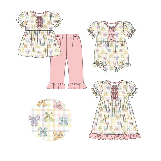 25.10.4 custom each style moq 8 eta 6-8week Sibling Sisters bow baby girl short sleeve pants sets and dress and rompers match family design
