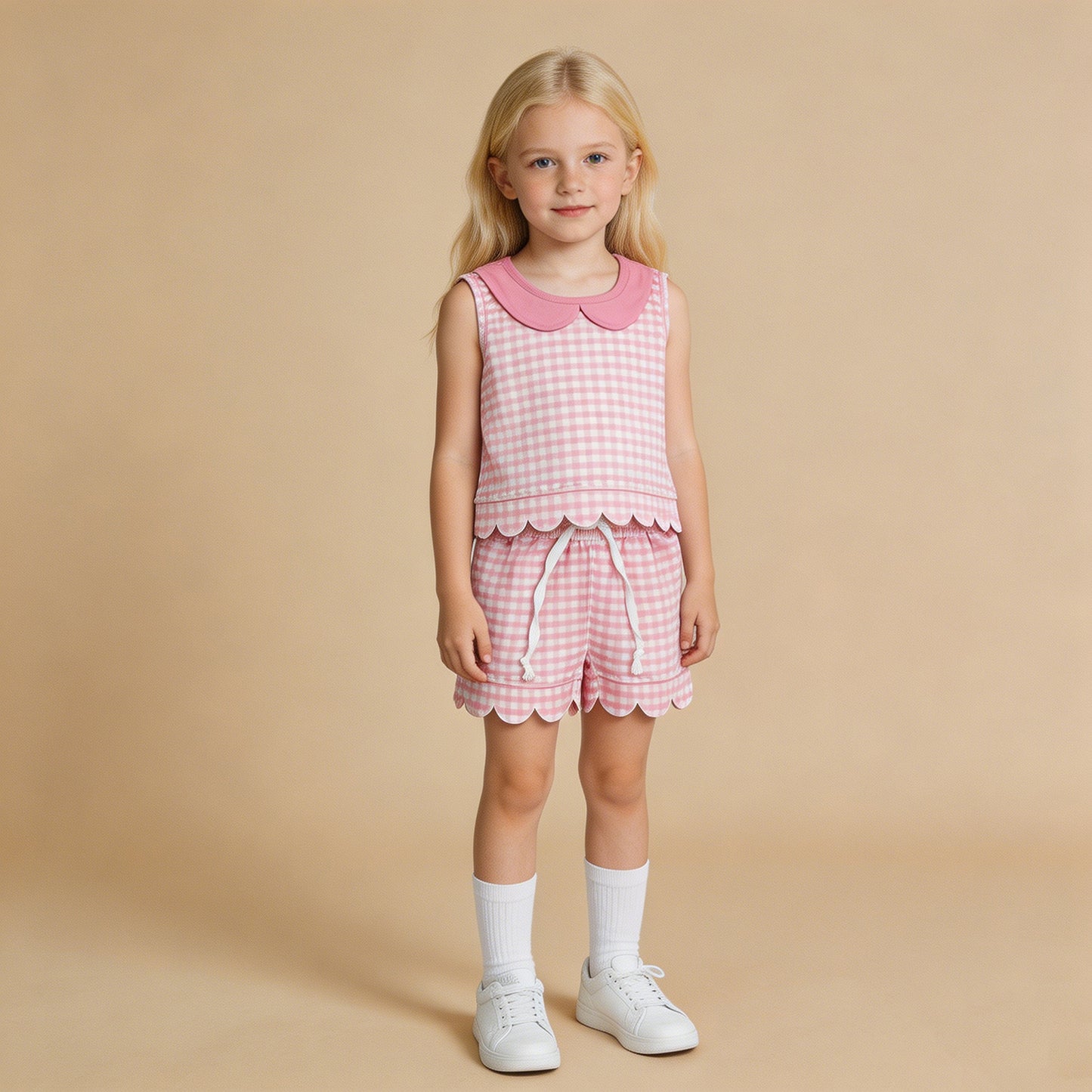 RTS NO MOQ milk silk GSSO3394 Pink Checked Collar Sleeveless Outfit Baby Girls Scallop Trim Short Suits