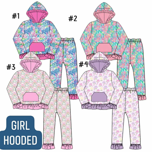 (Preorder new) No moq Baby Girls Floral Bow Print Long Sleeve Hoodie Jogger Pants Outfit Set