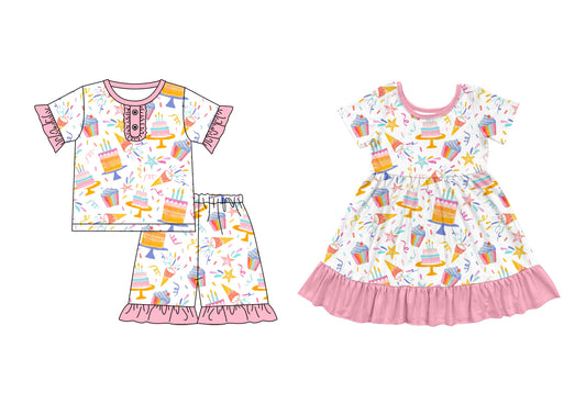 3.31 custom each style moq 5eta 4-6week Sibling Sister cake baby girl short sleeve shorts sets and dresses match design