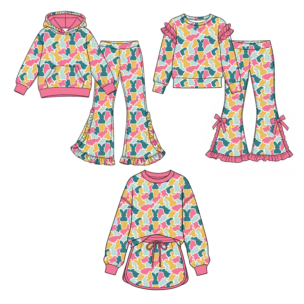 (Preorder new) No moq Baby Girls Easter Bunny Camo Print Outfit Set Pink Green Gold Rabbit Camouflage Hoodie Ruffle Flare Pants Ruffle Sleeve Top Skirt Matching Spring Clothes
