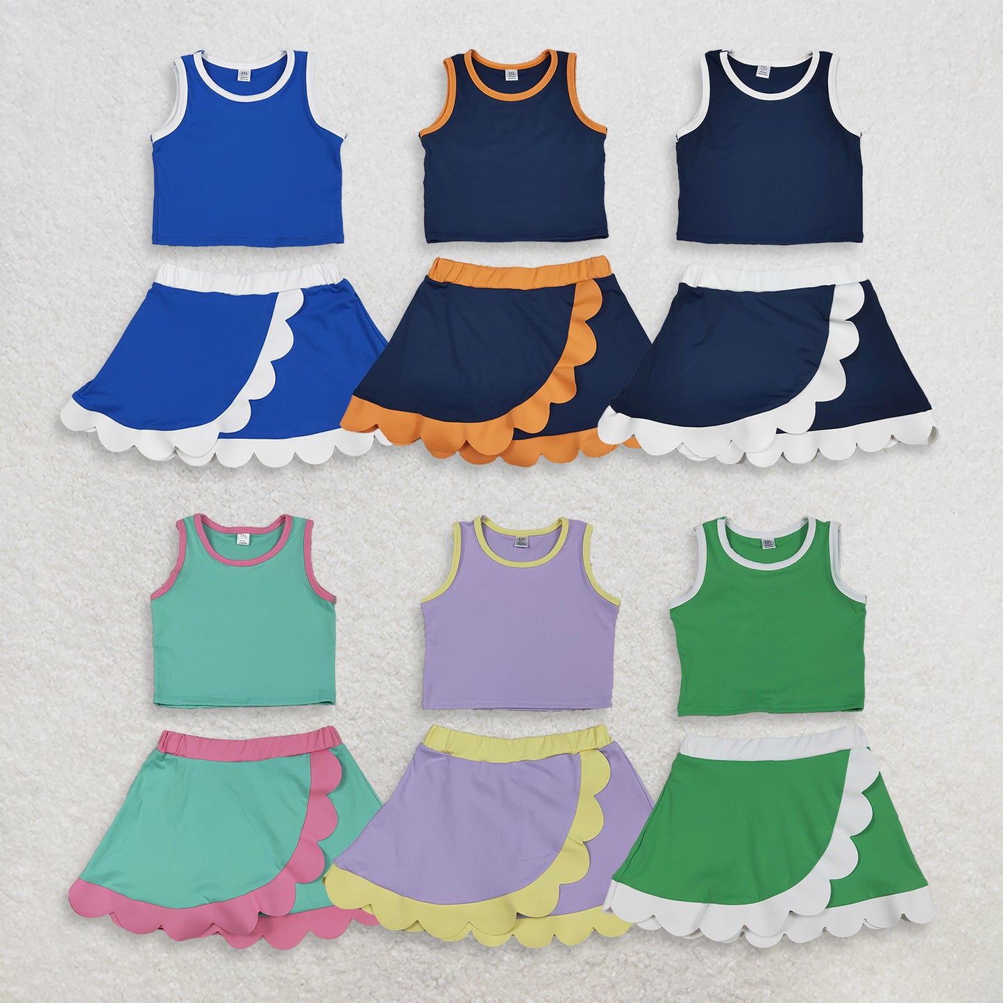 RTS NO MOQ Sibling yoga fabric cotton Baby Girls Solid Color Sleeveless Top Scallop Skirt Short Yoga Casual Sports Outfit Set