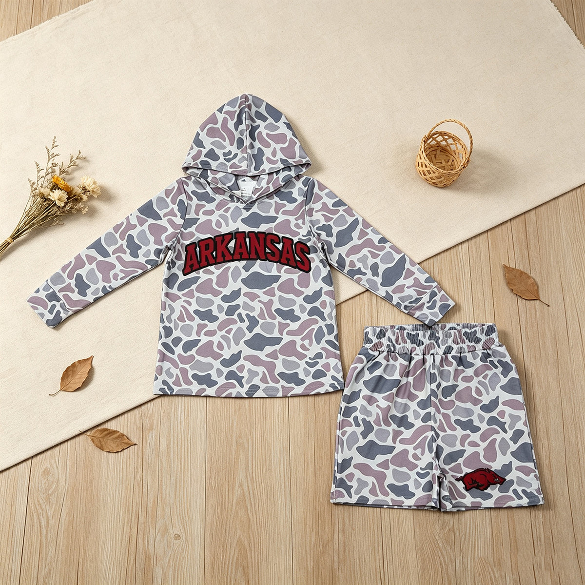 NEW RTS NO MOQ milk silk BLS0046 Baby Boys Grey Camo Letter Print Long Sleeve Hoodie Tops Shorts Team Clothes Set