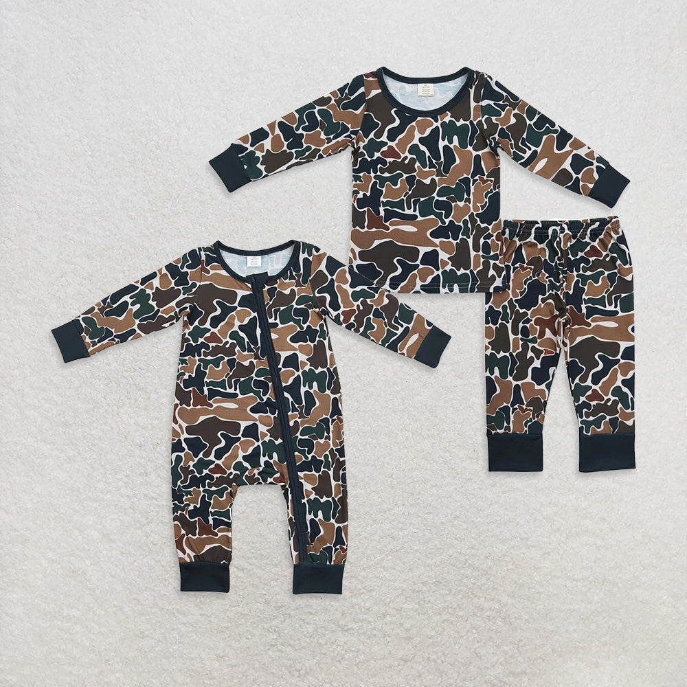 RTS NO MOQ Sibling baby boy clothes Army Green Camouflage Pajamas and Climbing Suit Bamboo