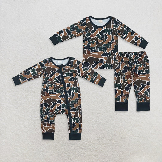 RTS NO MOQ Sibling baby boy clothes Army Green Camouflage Pajamas and Climbing Suit Bamboo