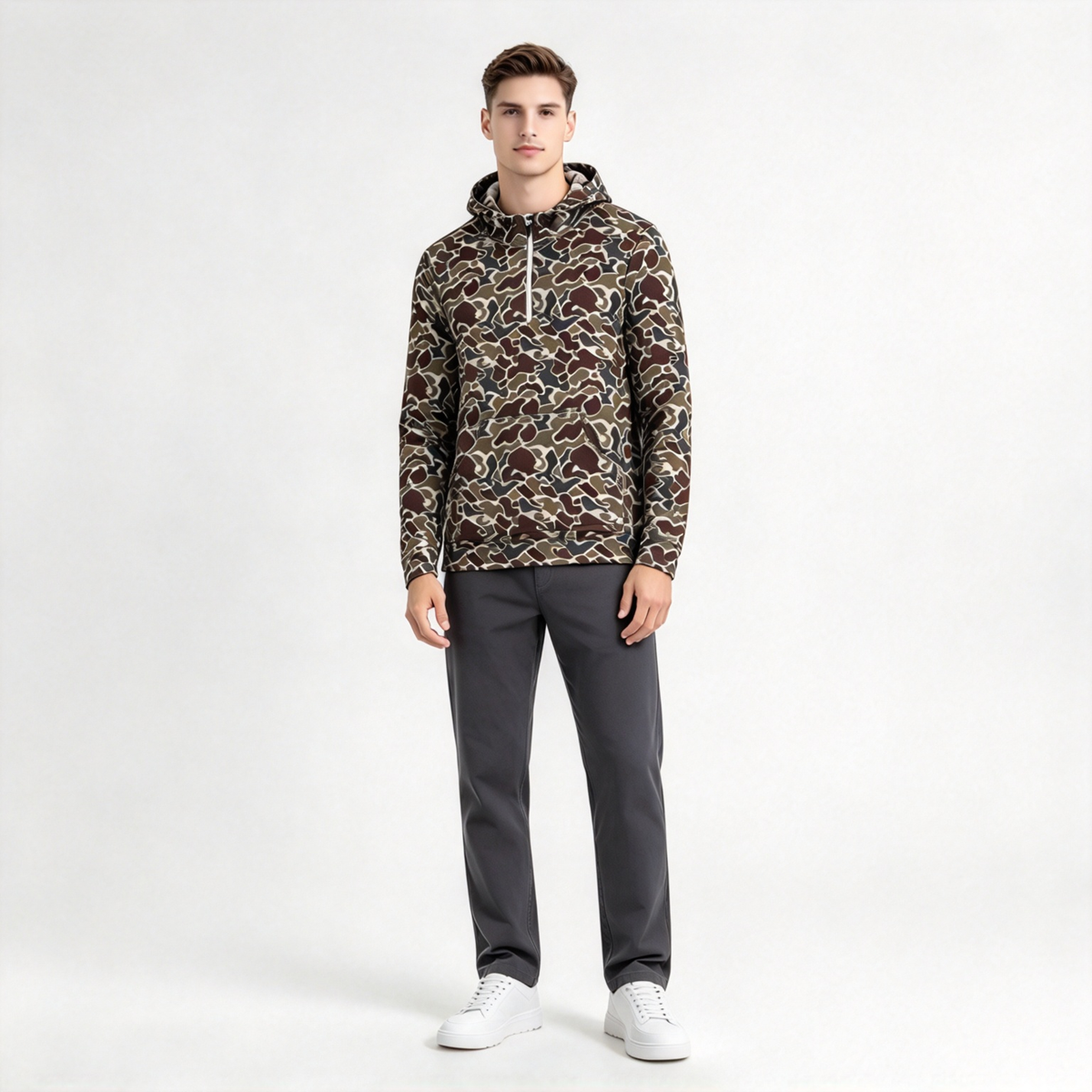 RTS NO MOQ Sibling milk silk Adult Men Camouflage Zip Hooded Long Sleeve Shirt Top