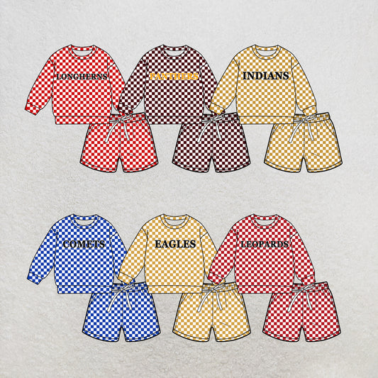 custom moq 5 mix size MSD070703 Baby Kids Checked Long Sleeve Top Drawstring Shorts Clothes Set