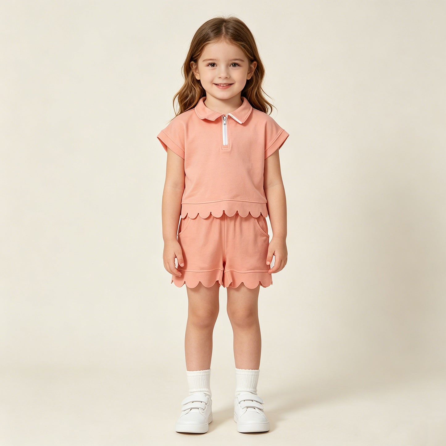 RTS NO MOQ cotton GSSO3374 Baby Girls Peach Pocket Zipper Pullover Scallop Two Piece Set