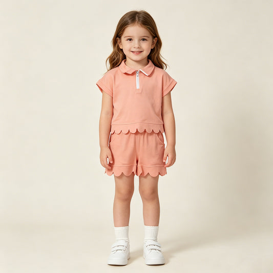 RTS NO MOQ cotton GSSO3374 Baby Girls Peach Pocket Zipper Pullover Scallop Two Piece Set