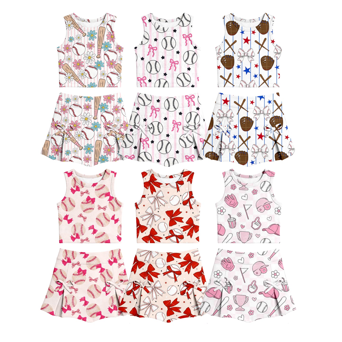 Custom moq 5 mix size Baby Girls Baseball print Sleeveless Top And Skirt Yoga Set Comfortable Two-Piece Outfit for Kids