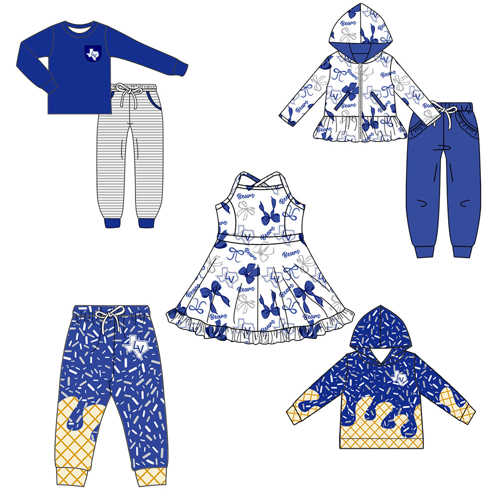 Custom moq 5 mix size milk silk summer teams baby girls clothes bow blue hooded long sleeve pants sets and boy sets and dress and hooded top and pant-25.8.14